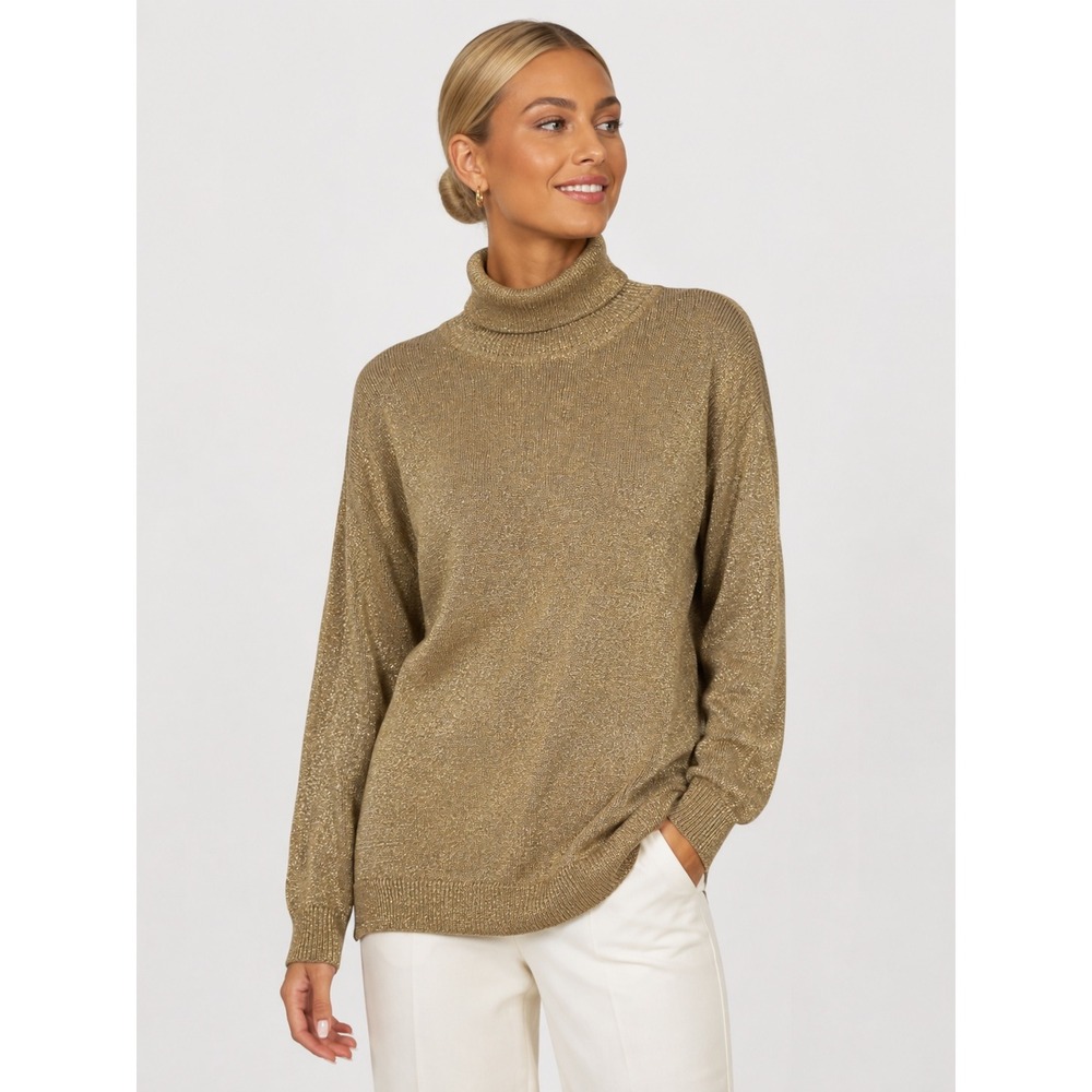 Suzelle Vintage Gold Metallic Knit Turtleneck Sweater Long Sleeve Size M